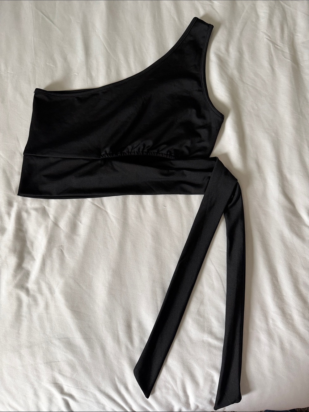 SHEIN Black One-Shoulder Crop Top with Long Waist Tie
